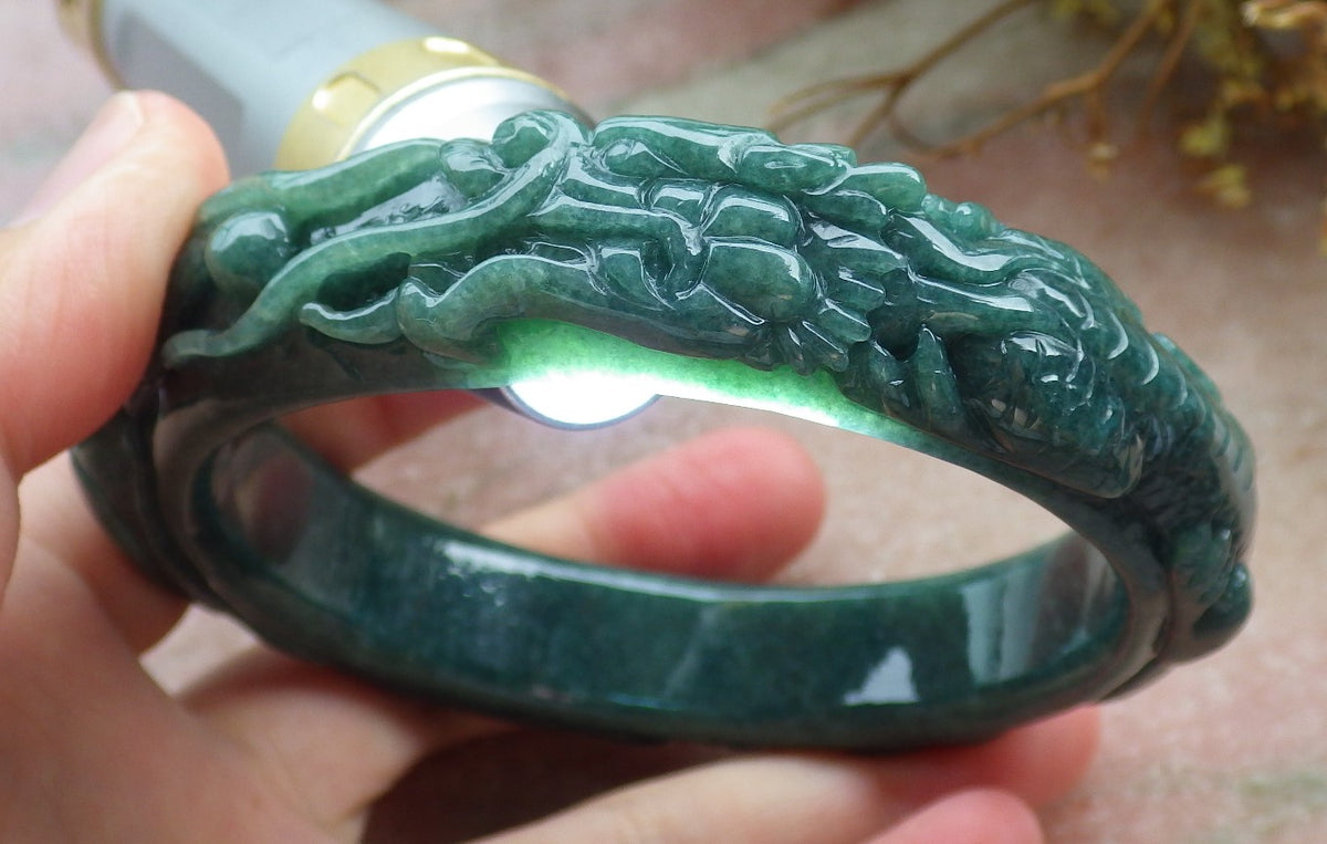 65mm Certified Hand Carved Blue Water Green Natural A JADE Jadeite Dragon Phoenix Circle Bangle Bracelet
