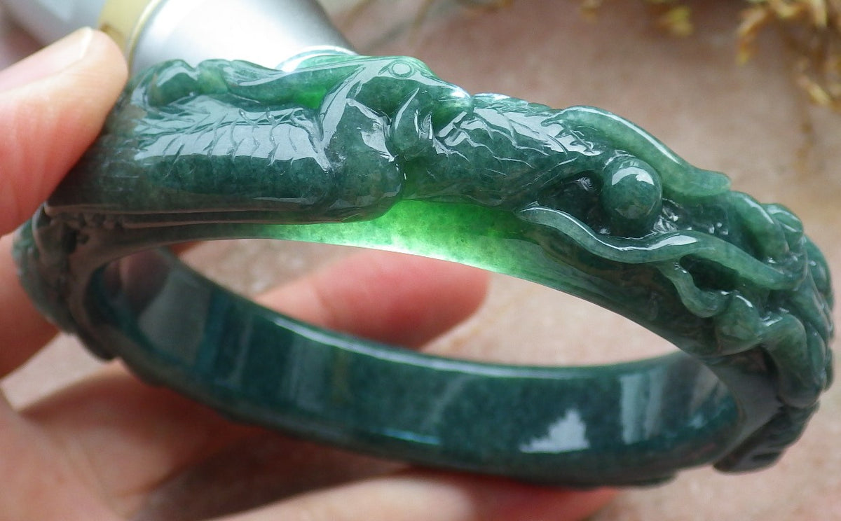 65mm Certified Hand Carved Blue Water Green Natural A JADE Jadeite Dragon Phoenix Circle Bangle Bracelet