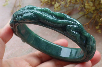 65mm Certified Hand Carved Blue Water Green Natural A JADE Jadeite Dragon Phoenix Circle Bangle Bracelet