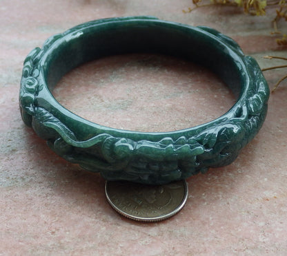 65mm Certified Hand Carved Blue Water Green Natural A JADE Jadeite Dragon Phoenix Circle Bangle Bracelet