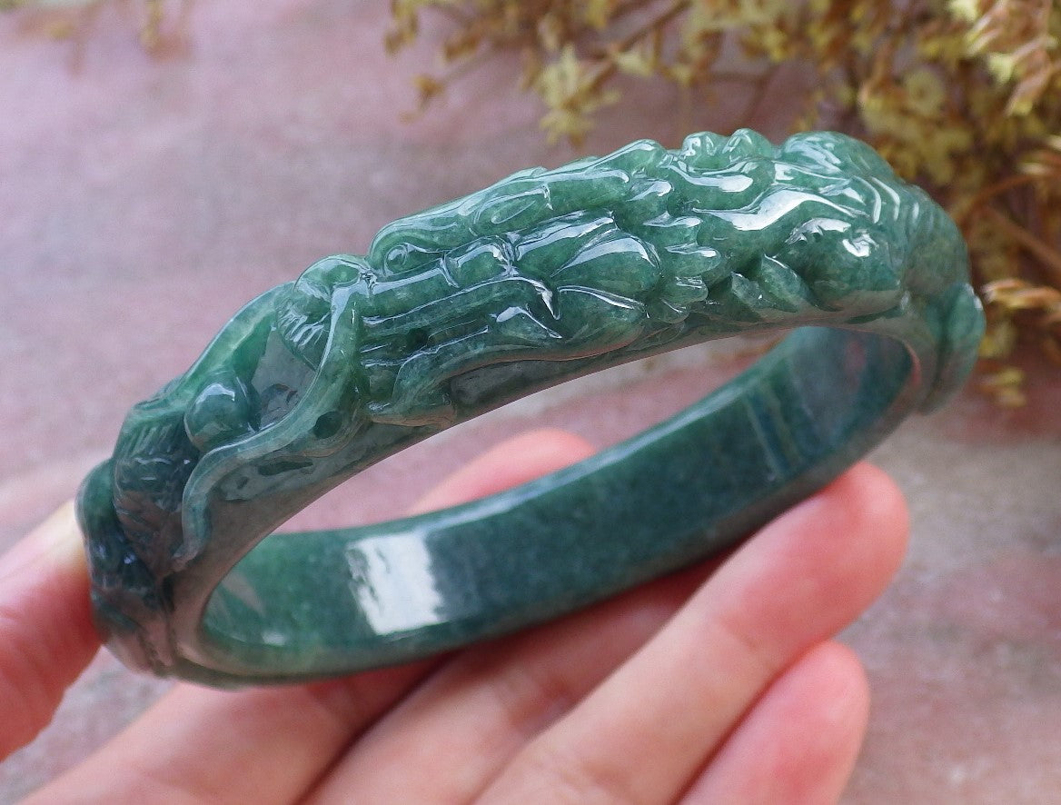 64mm Certified Hand Carved Natural Grade A JADE Jadeite Dragon Phoenix Circle Bangle Bracelet
