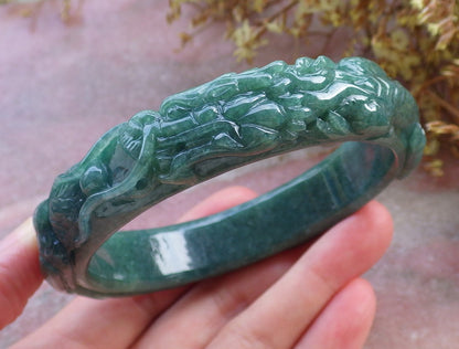 64mm Certified Hand Carved Natural Grade A JADE Jadeite Dragon Phoenix Circle Bangle Bracelet