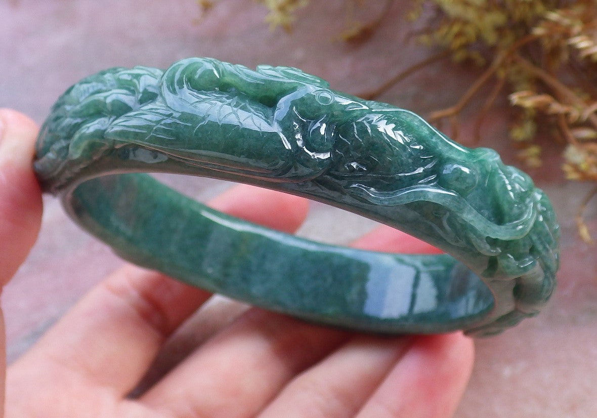 64mm Certified Hand Carved Natural Grade A JADE Jadeite Dragon Phoenix Circle Bangle Bracelet