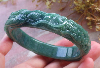 64mm Certified Hand Carved Natural Grade A JADE Jadeite Dragon Phoenix Circle Bangle Bracelet