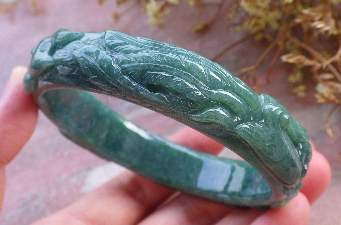 64mm Certified Hand Carved Natural Grade A JADE Jadeite Dragon Phoenix Circle Bangle Bracelet