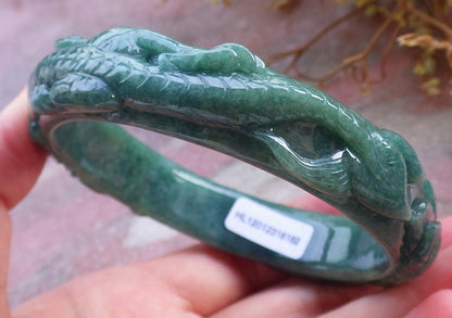 64mm Certified Hand Carved Natural Grade A JADE Jadeite Dragon Phoenix Circle Bangle Bracelet