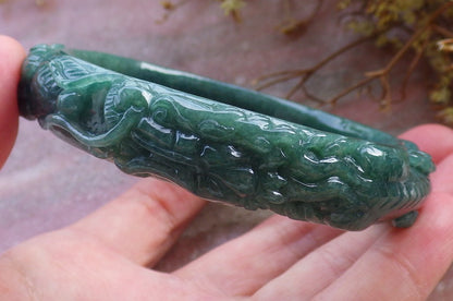 64mm Certified Hand Carved Natural Grade A JADE Jadeite Dragon Phoenix Circle Bangle Bracelet