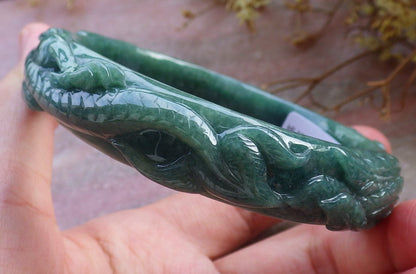64mm Certified Hand Carved Natural Grade A JADE Jadeite Dragon Phoenix Circle Bangle Bracelet