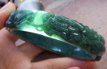 64mm Certified Hand Carved Natural Grade A JADE Jadeite Dragon Phoenix Circle Bangle Bracelet
