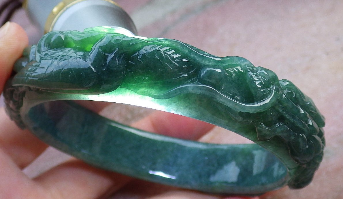 64mm Certified Hand Carved Natural Grade A JADE Jadeite Dragon Phoenix Circle Bangle Bracelet