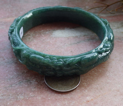 64mm Certified Hand Carved Natural Grade A JADE Jadeite Dragon Phoenix Circle Bangle Bracelet