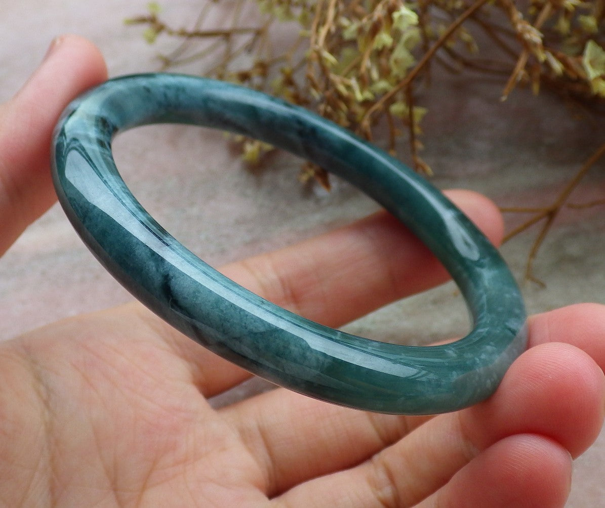 56mm Certified Hand Carved Green Natural A JADE Circle Jadeite Bangle Bracelet