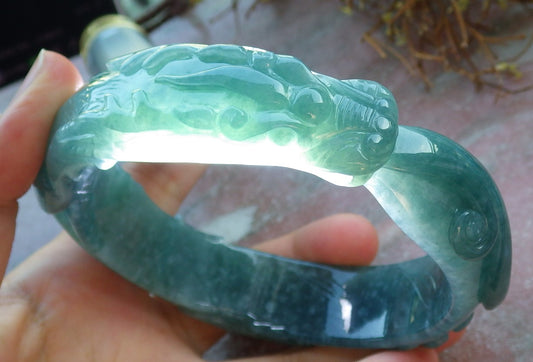 Certified Hand Carved Icy Blue Water Green Natural Myanmar Burma  A JADE Jadeite Dragon Circle Bangle Bracelet 73mm