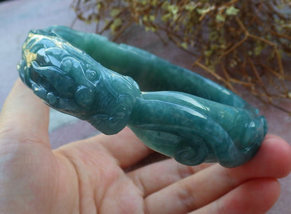 Certified Hand Carved Icy Blue Water Green Natural Myanmar Burma  A JADE Jadeite Dragon Circle Bangle Bracelet 73mm