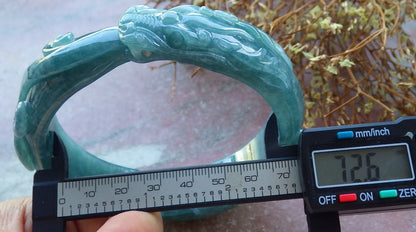 Certified Hand Carved Icy Blue Water Green Natural Myanmar Burma  A JADE Jadeite Dragon Circle Bangle Bracelet 73mm