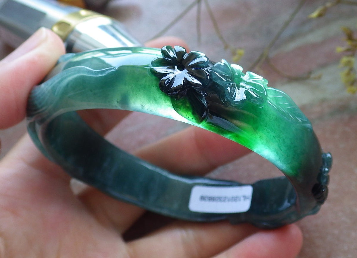 62mm Certified Hand Carved Icy Blue Water Green Natural A JADE Jadeite Fox Flower Circle Bangle Bracelet