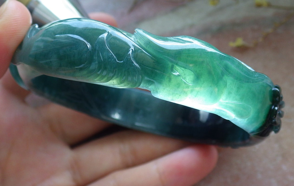62mm Certified Hand Carved Icy Blue Water Green Natural A JADE Jadeite Fox Flower Circle Bangle Bracelet