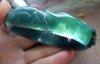 62mm Certified Hand Carved Icy Blue Water Green Natural A JADE Jadeite Fox Flower Circle Bangle Bracelet