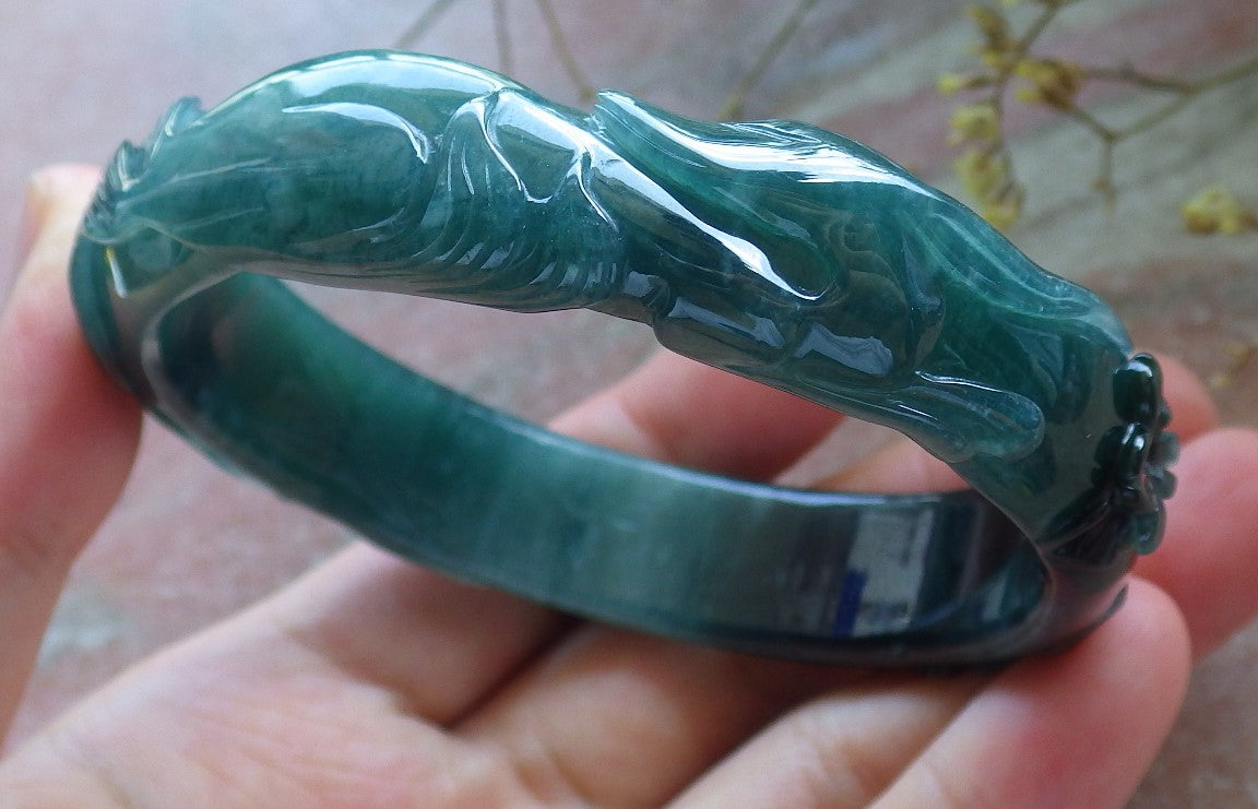 62mm Certified Hand Carved Icy Blue Water Green Natural A JADE Jadeite Fox Flower Circle Bangle Bracelet