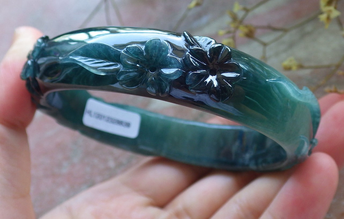 62mm Certified Hand Carved Icy Blue Water Green Natural A JADE Jadeite Fox Flower Circle Bangle Bracelet