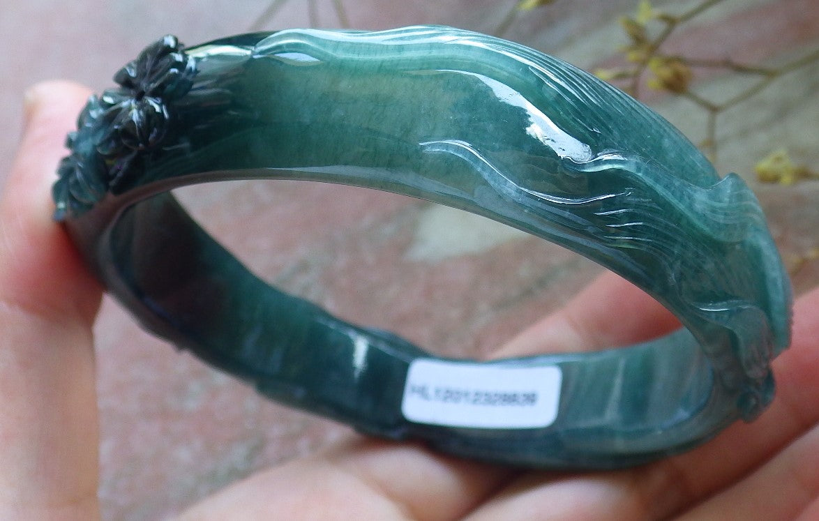 62mm Certified Hand Carved Icy Blue Water Green Natural A JADE Jadeite Fox Flower Circle Bangle Bracelet