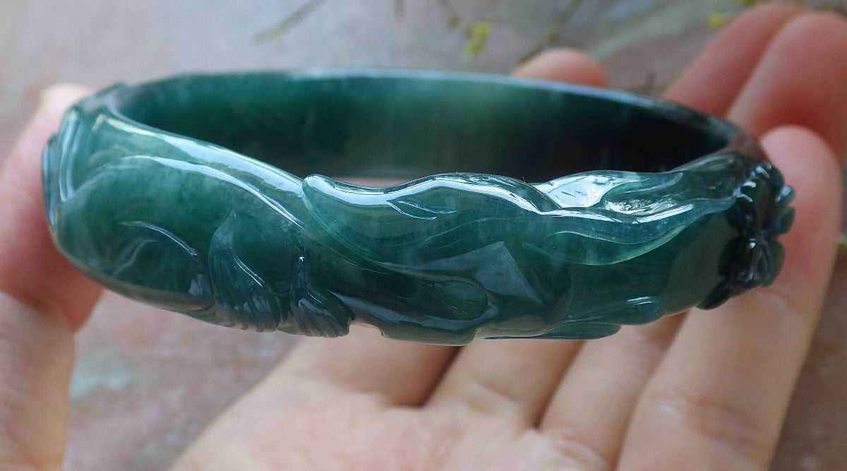 62mm Certified Hand Carved Icy Blue Water Green Natural A JADE Jadeite Fox Flower Circle Bangle Bracelet