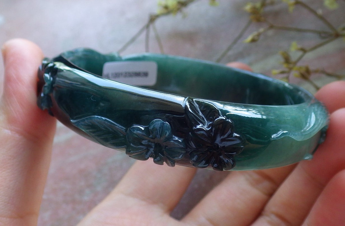 62mm Certified Hand Carved Icy Blue Water Green Natural A JADE Jadeite Fox Flower Circle Bangle Bracelet