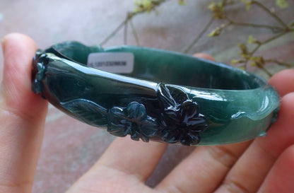 62mm Certified Hand Carved Icy Blue Water Green Natural A JADE Jadeite Fox Flower Circle Bangle Bracelet