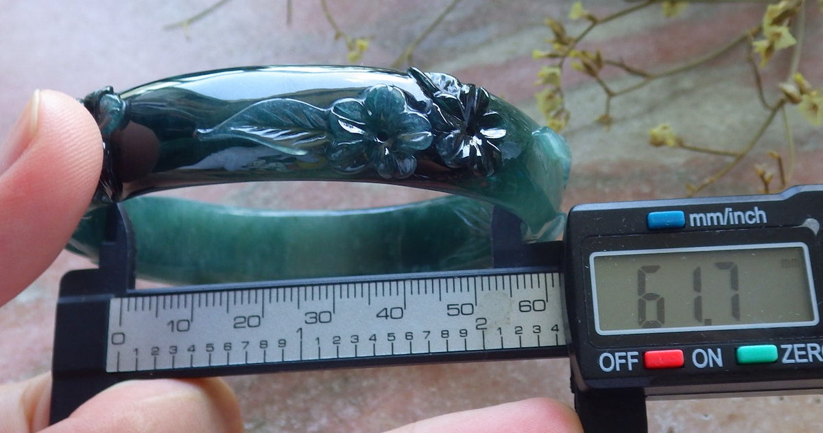 62mm Certified Hand Carved Icy Blue Water Green Natural A JADE Jadeite Fox Flower Circle Bangle Bracelet