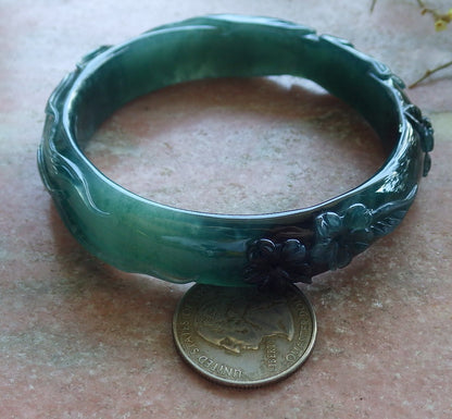 62mm Certified Hand Carved Icy Blue Water Green Natural A JADE Jadeite Fox Flower Circle Bangle Bracelet