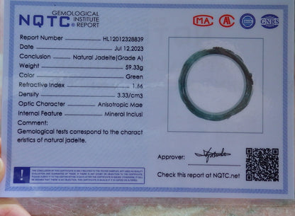 62mm Certified Hand Carved Icy Blue Water Green Natural A JADE Jadeite Fox Flower Circle Bangle Bracelet