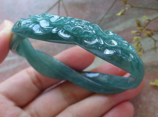 Certified Hand Carved Green Natural Myanmar Burma Grade A JADE Jadeite Flower Bangle Bracelet 56mm