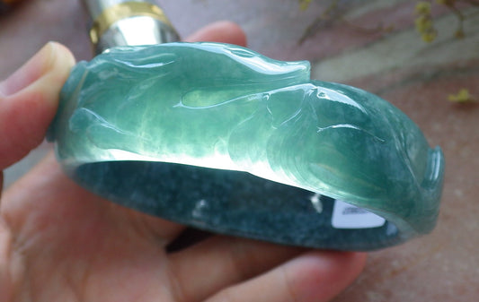 65mm Certified Hand Carved Icy Blue Water Green Natural A JADE Jadeite Fox Flower Circle Bangle Bracelet