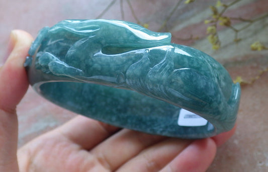 65mm Certified Hand Carved Icy Blue Water Green Natural A JADE Jadeite Fox Flower Circle Bangle Bracelet