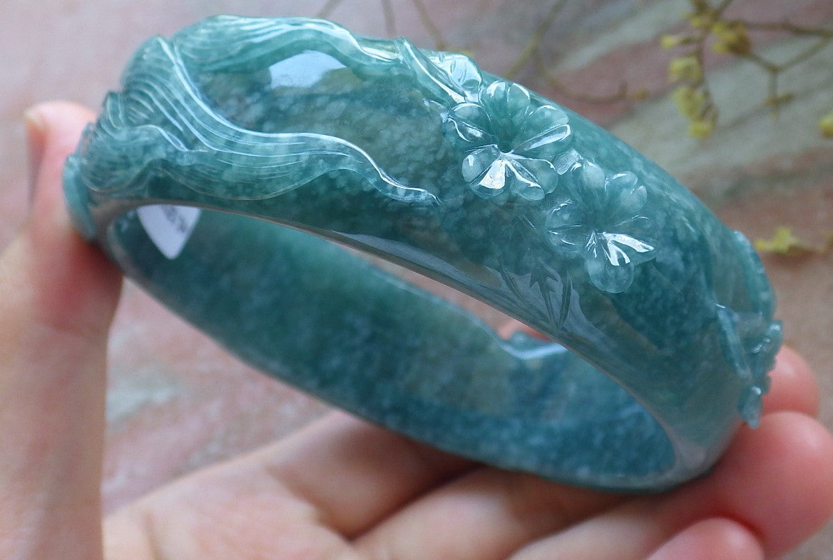 65mm Certified Hand Carved Icy Blue Water Green Natural A JADE Jadeite Fox Flower Circle Bangle Bracelet