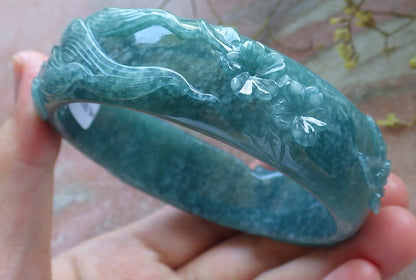 65mm Certified Hand Carved Icy Blue Water Green Natural A JADE Jadeite Fox Flower Circle Bangle Bracelet