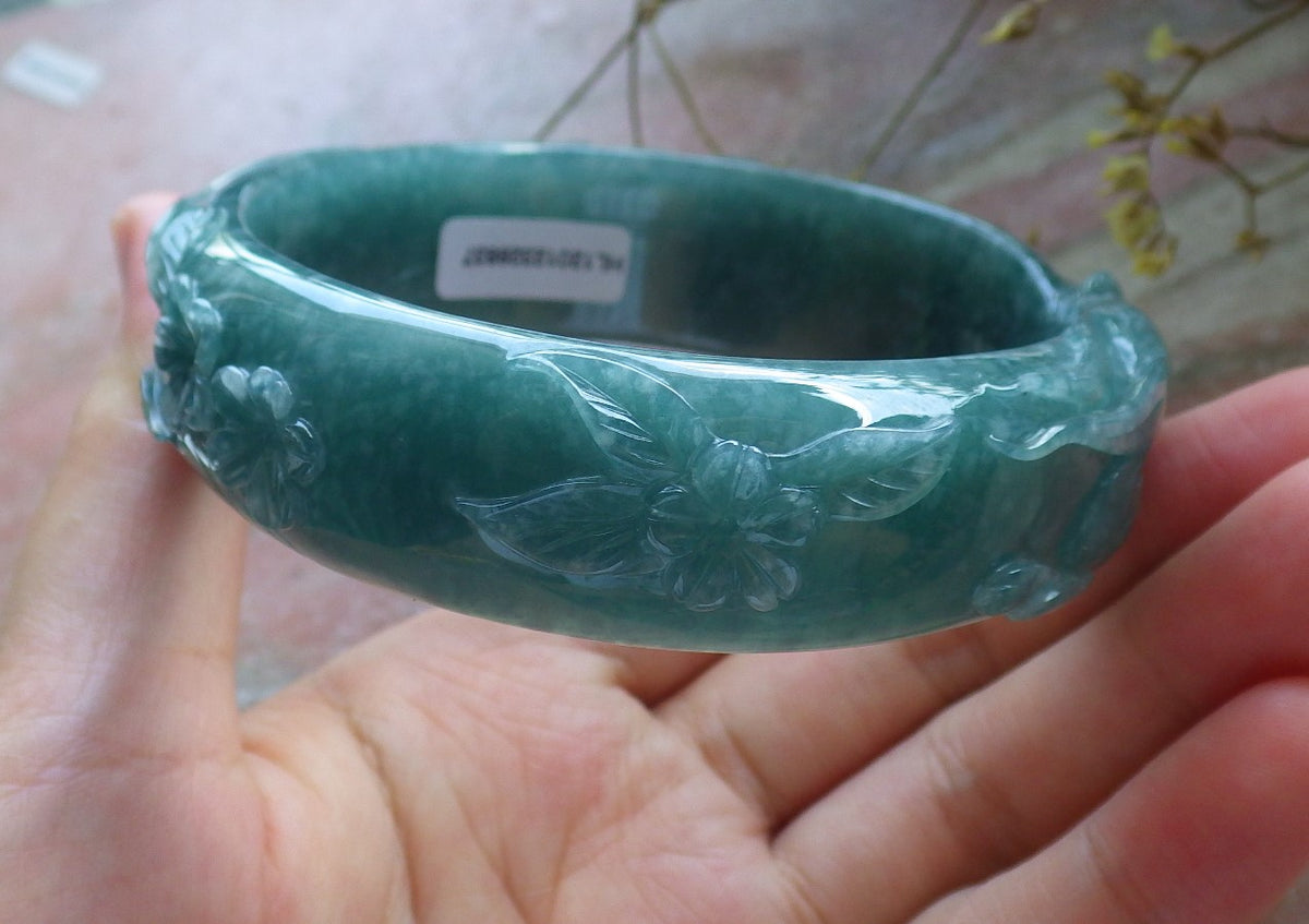 65mm Certified Hand Carved Icy Blue Water Green Natural A JADE Jadeite Fox Flower Circle Bangle Bracelet