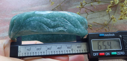 65mm Certified Hand Carved Icy Blue Water Green Natural A JADE Jadeite Fox Flower Circle Bangle Bracelet