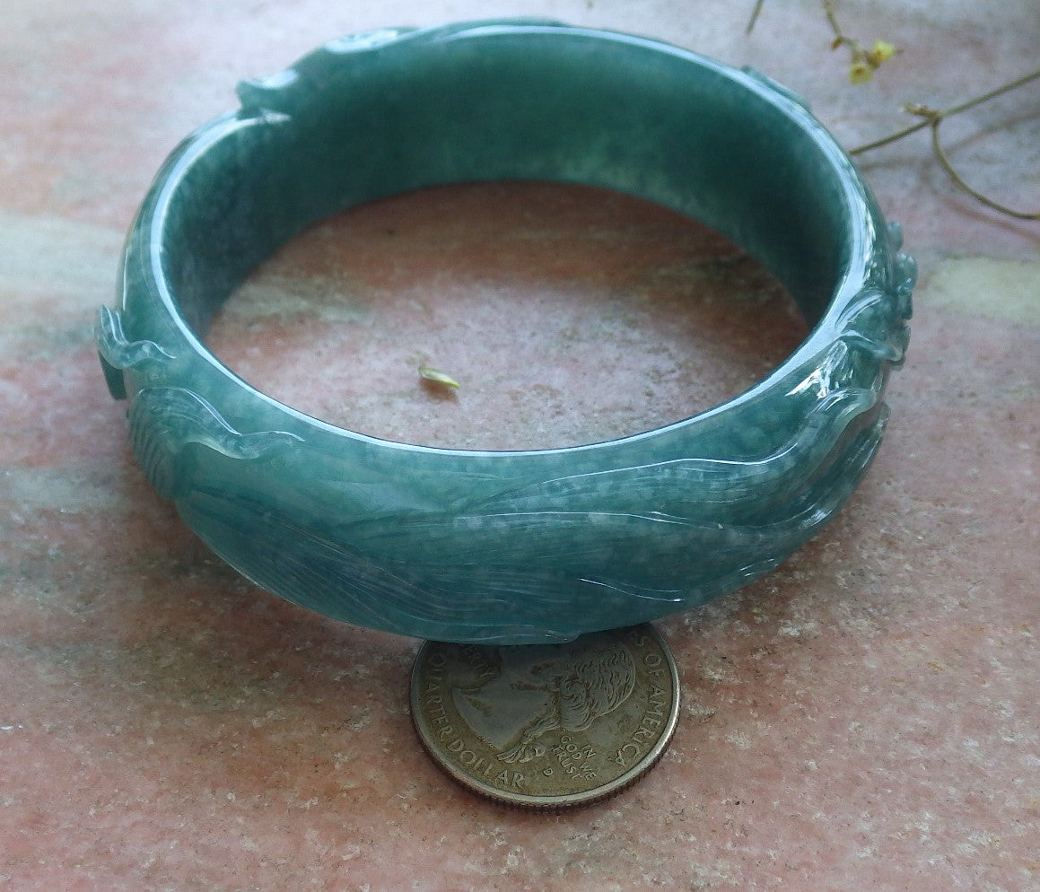 65mm Certified Hand Carved Icy Blue Water Green Natural A JADE Jadeite Fox Flower Circle Bangle Bracelet