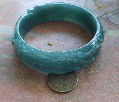 65mm Certified Hand Carved Icy Blue Water Green Natural A JADE Jadeite Fox Flower Circle Bangle Bracelet