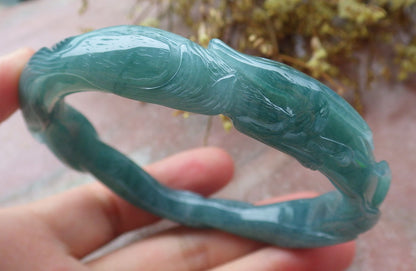 64mm Certified Hand Carved Icy Blue Water Green Natural A JADE Jadeite Fox Circle Bangle Bracelet