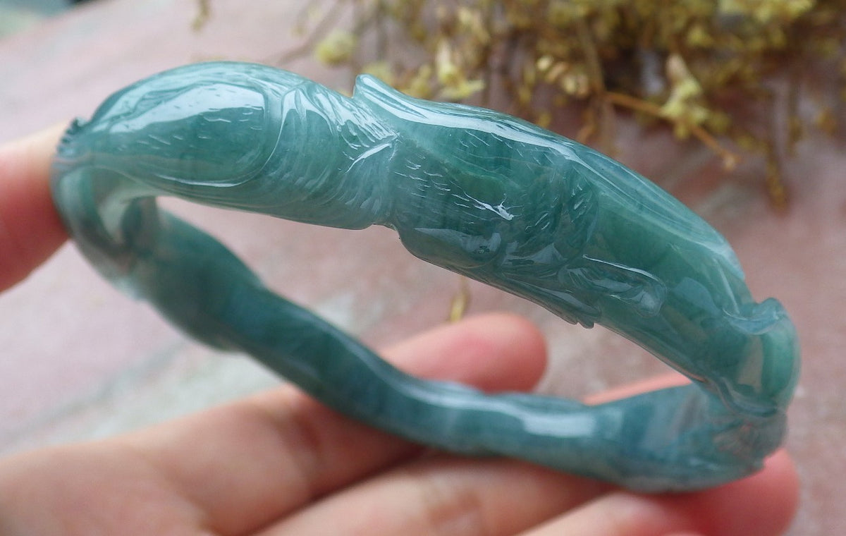 64mm Certified Hand Carved Icy Blue Water Green Natural A JADE Jadeite Fox Circle Bangle Bracelet