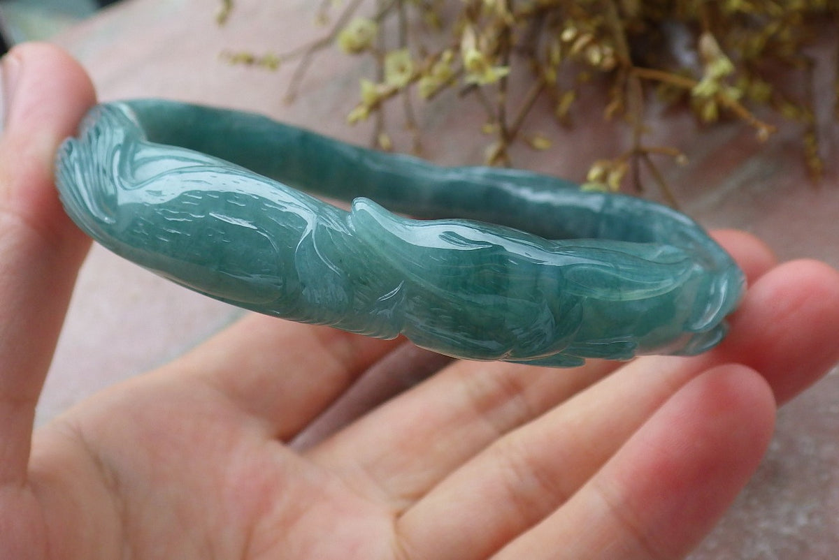 64mm Certified Hand Carved Icy Blue Water Green Natural A JADE Jadeite Fox Circle Bangle Bracelet