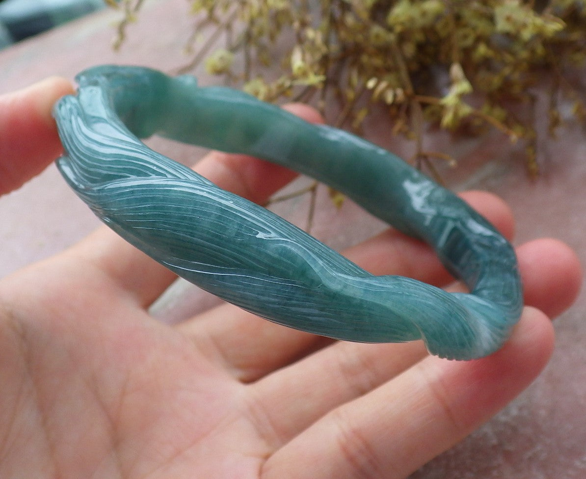 64mm Certified Hand Carved Icy Blue Water Green Natural A JADE Jadeite Fox Circle Bangle Bracelet