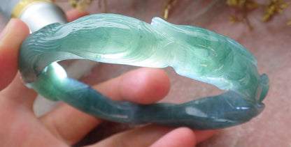 64mm Certified Hand Carved Icy Blue Water Green Natural A JADE Jadeite Fox Circle Bangle Bracelet