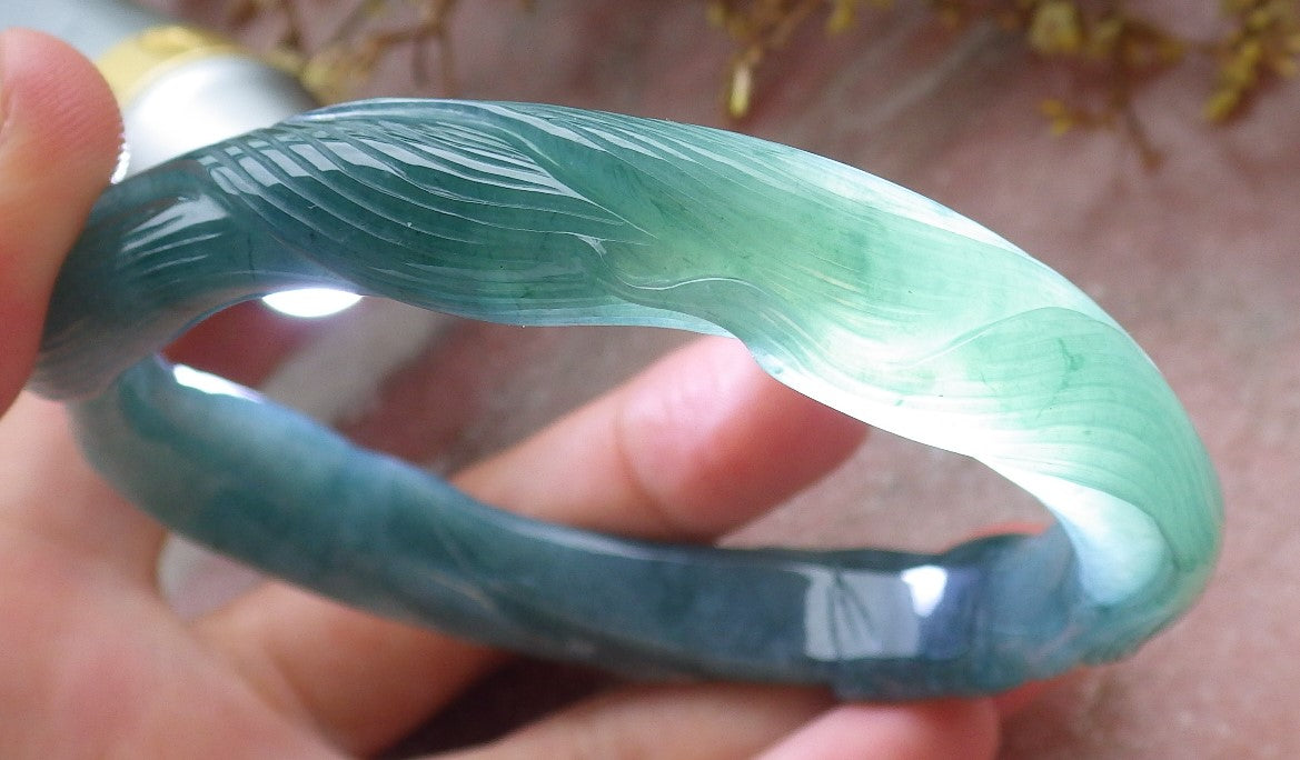 64mm Certified Hand Carved Icy Blue Water Green Natural A JADE Jadeite Fox Circle Bangle Bracelet