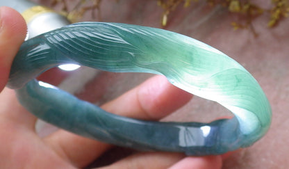64mm Certified Hand Carved Icy Blue Water Green Natural A JADE Jadeite Fox Circle Bangle Bracelet
