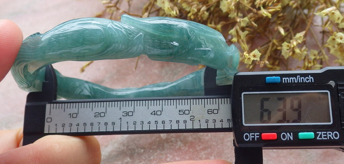64mm Certified Hand Carved Icy Blue Water Green Natural A JADE Jadeite Fox Circle Bangle Bracelet