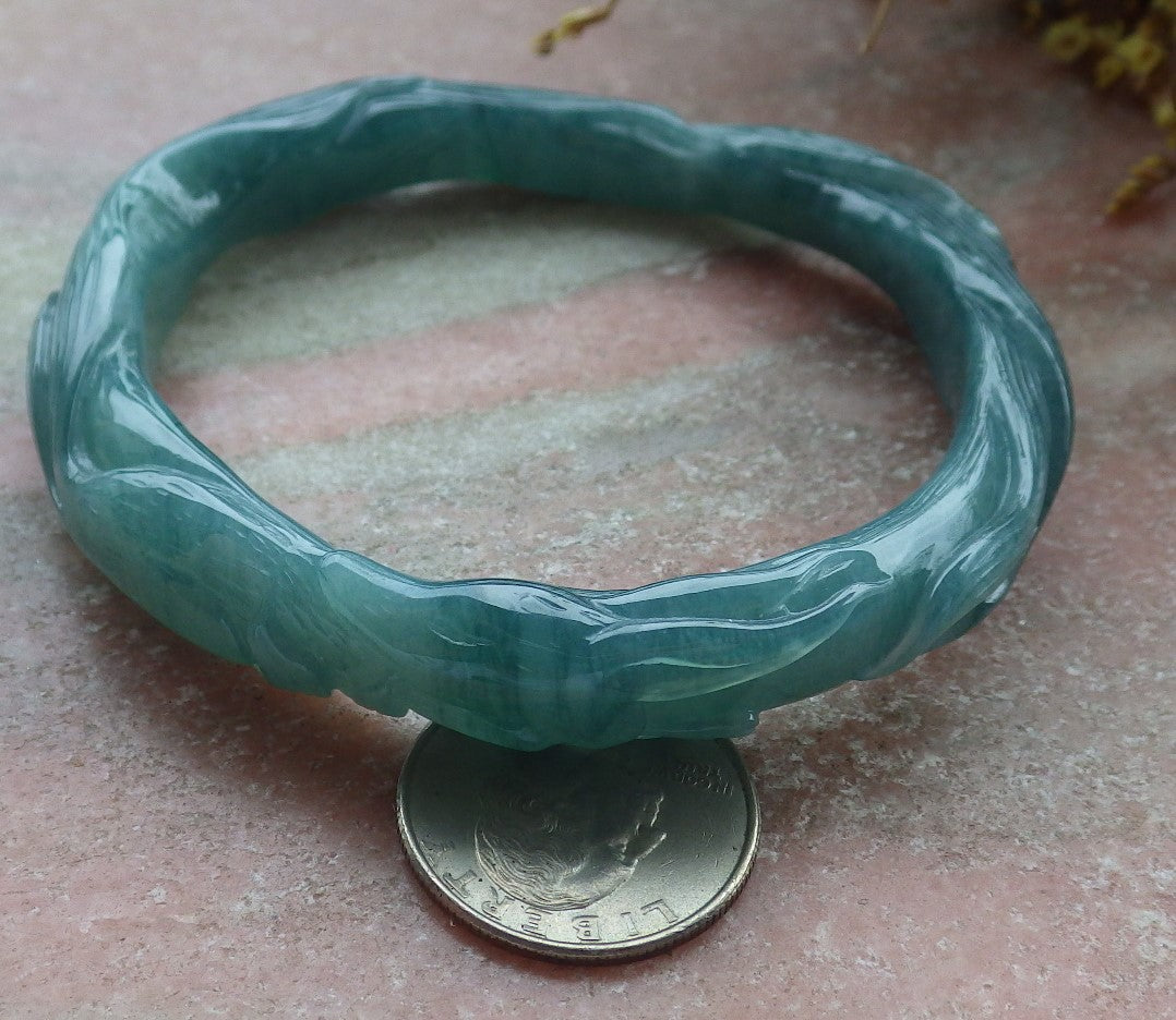 64mm Certified Hand Carved Icy Blue Water Green Natural A JADE Jadeite Fox Circle Bangle Bracelet