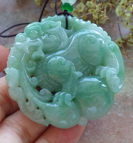 Certified Hand Carved Natural Green Myanmar Burma A Jade jadeite Dragon Pi Xiu Ruyi Bat Lotus Flower Pendant Necklace